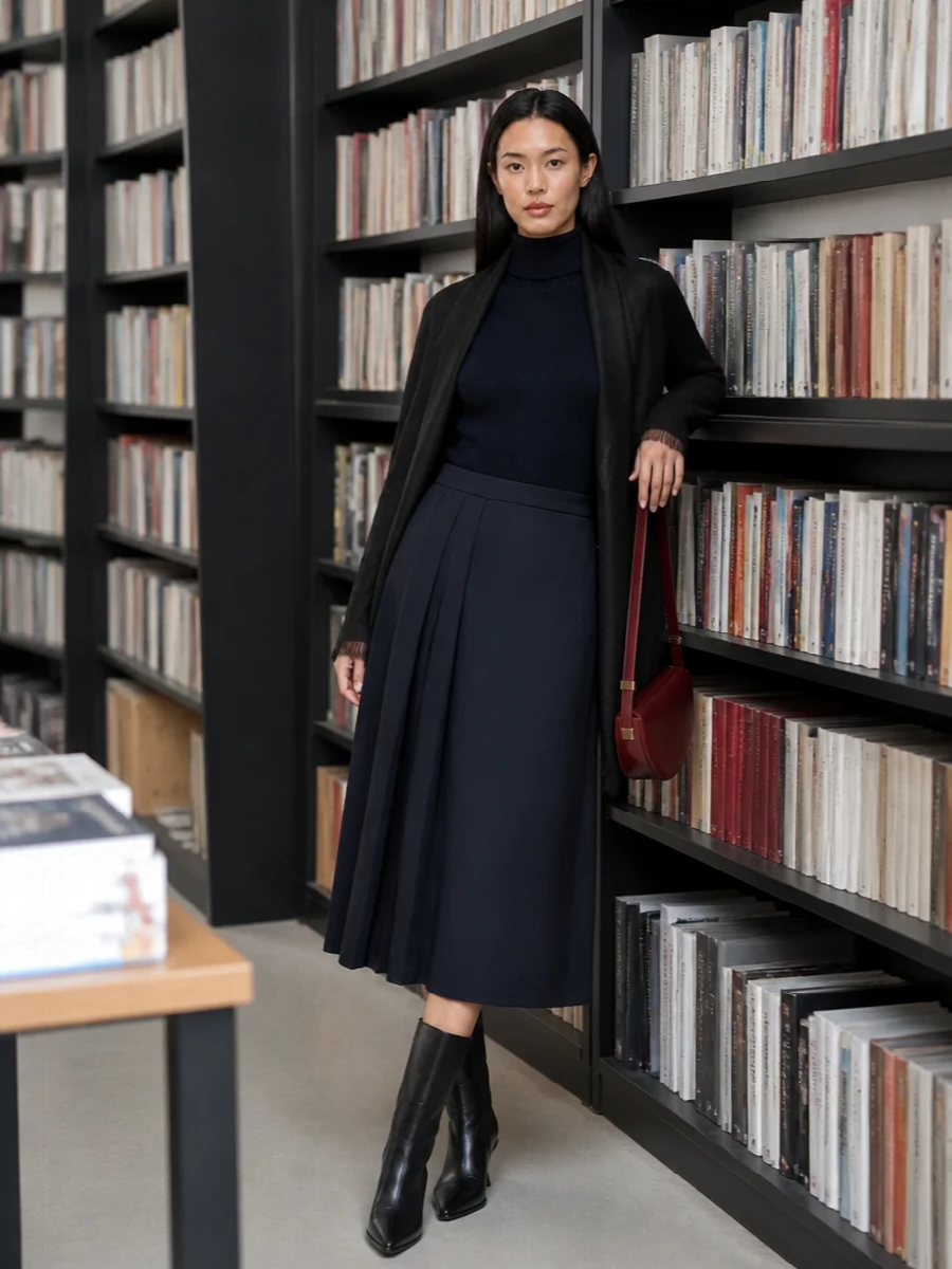 Parosh navy midi skirt turtleneck boots