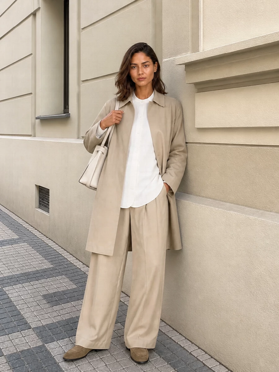 The row beige coat wide leg trousers outfit