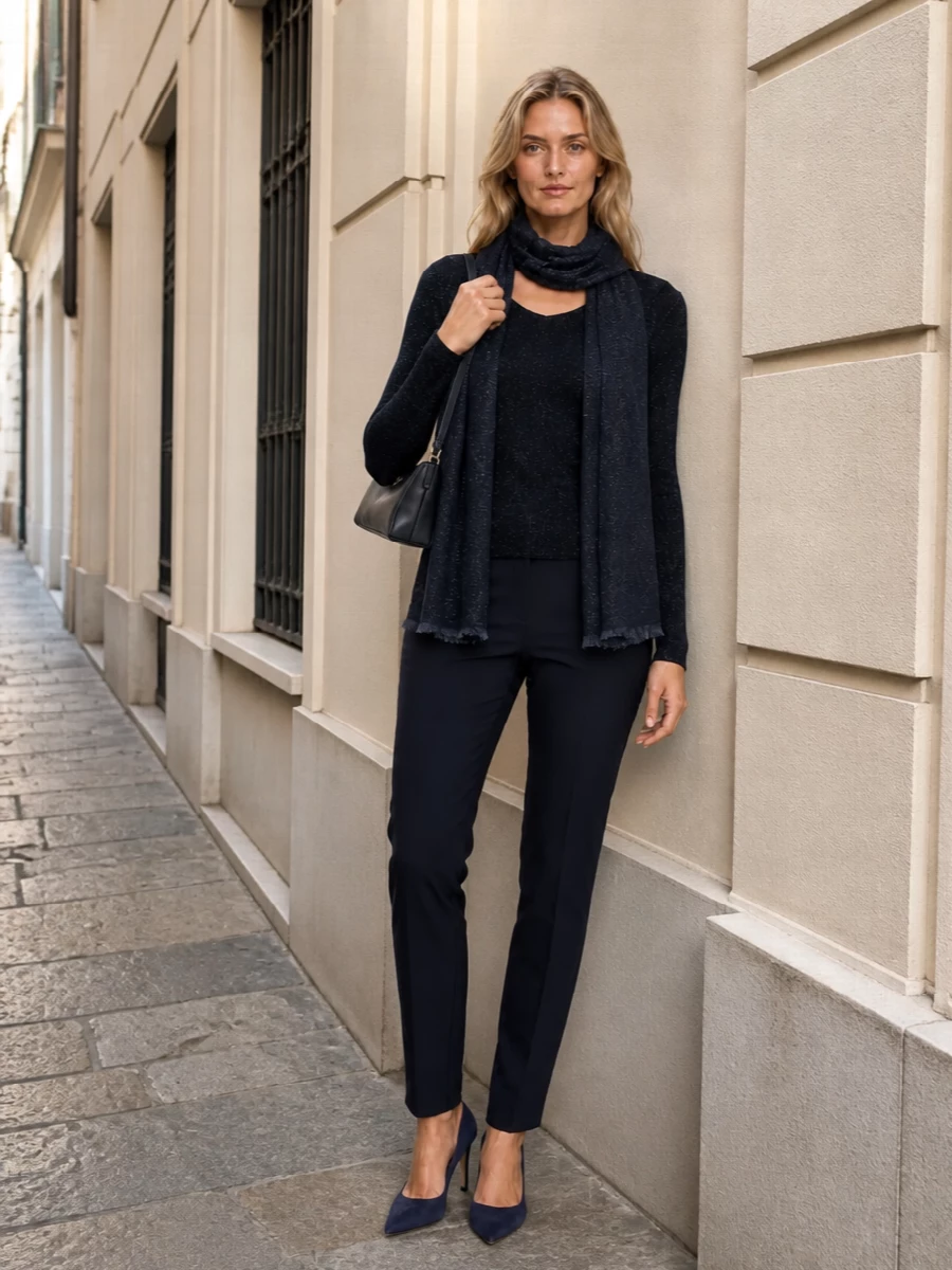 A midnight column of fine knit and fluid tailoring gives this outfit a discreet, elongated line. Navy suede pumps and a slim matching shoulder bag keep the shimmer grounded, reading polished enough for the office yet ready for an understated evening. The tonal depth is the story, letting texture and shine whisper rather than shout.