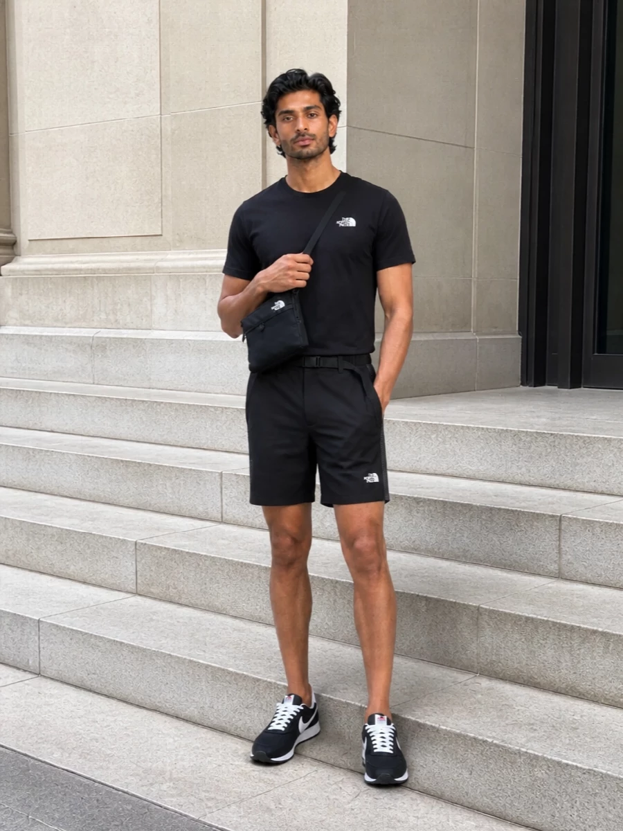 All-black, logo-led pieces keep this North Face tee grounded in a clean, technical street mood. Belted shorts and a retro runner balance ease with structure so the proportions stay sharp, not sloppy. The compact crossbody finishes it with just enough utility for city movement or quick weekend trips without breaking the monochrome line.
