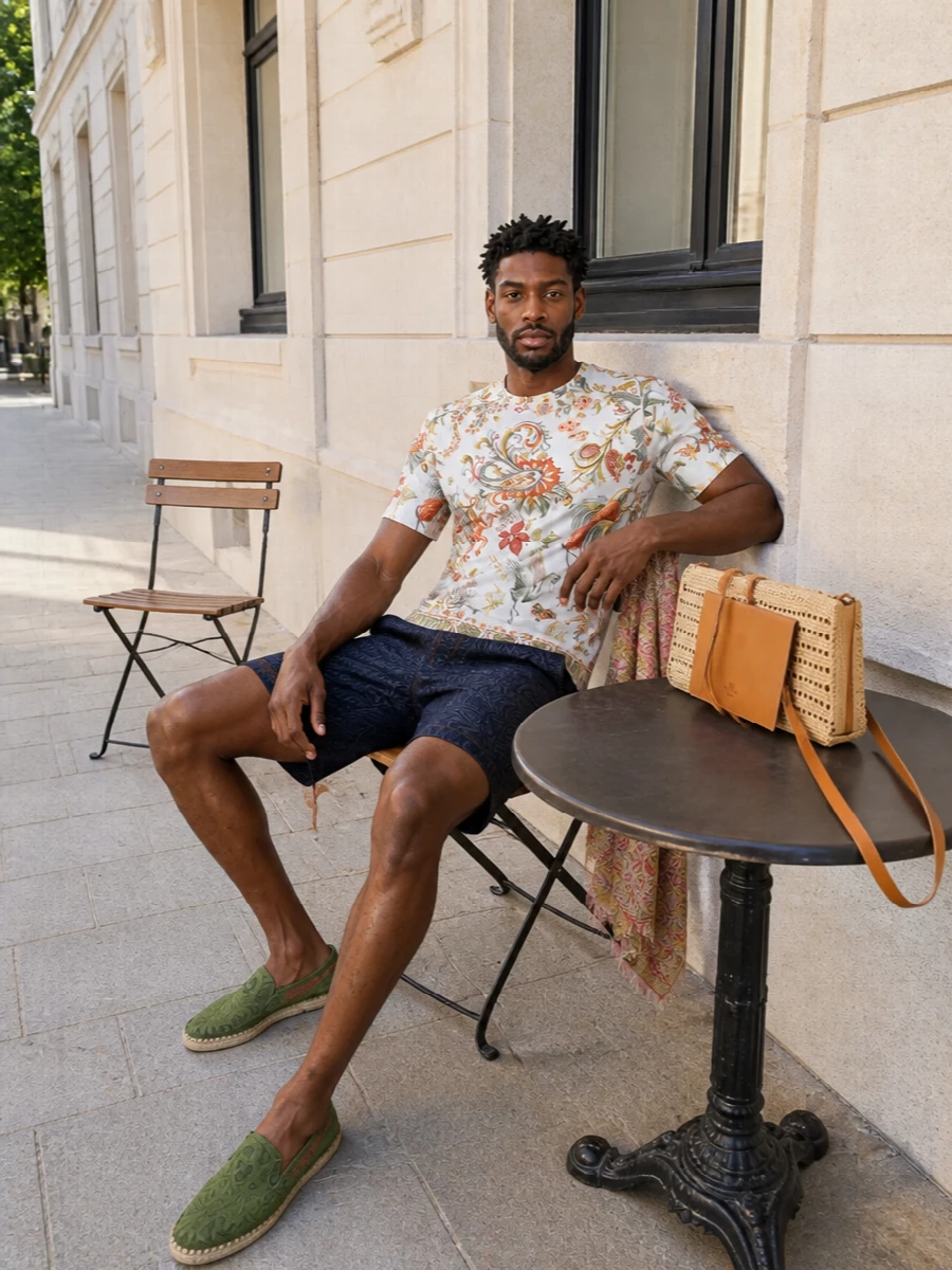Etro’s storybook tee stays the hero, grounded by inky jacquard shorts that pick up the fantasy without echoing it. Olive espadrilles and a straw shoulder bag lean into a sunlit, bohemian mood, while the paisley scarf adds a final, romantic note of color around the face.