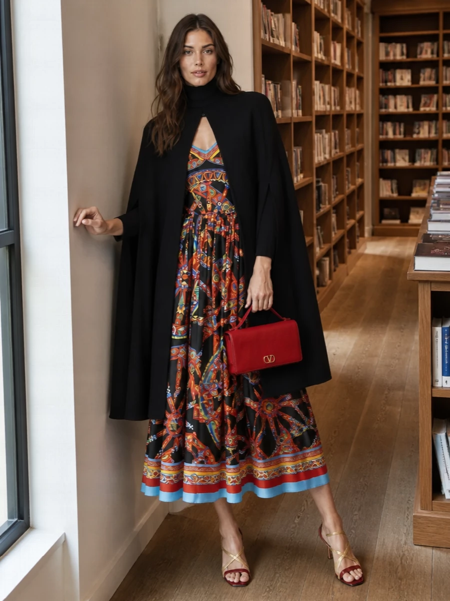 Dolce&Gabbana’s ornate midi takes center stage, its sculpted bodice and full skirt swaying in jeweled color against inky black. Metallic gold Valentino sandals pick up the print’s warmth and keep the mood firmly after dark, while the sharp red clutch repeats the dress’s scarlet notes for a confident, Riviera-boho finish. The result is romantic, statement-making and perfectly tuned to winter cocktail hours or destination dinners alike.