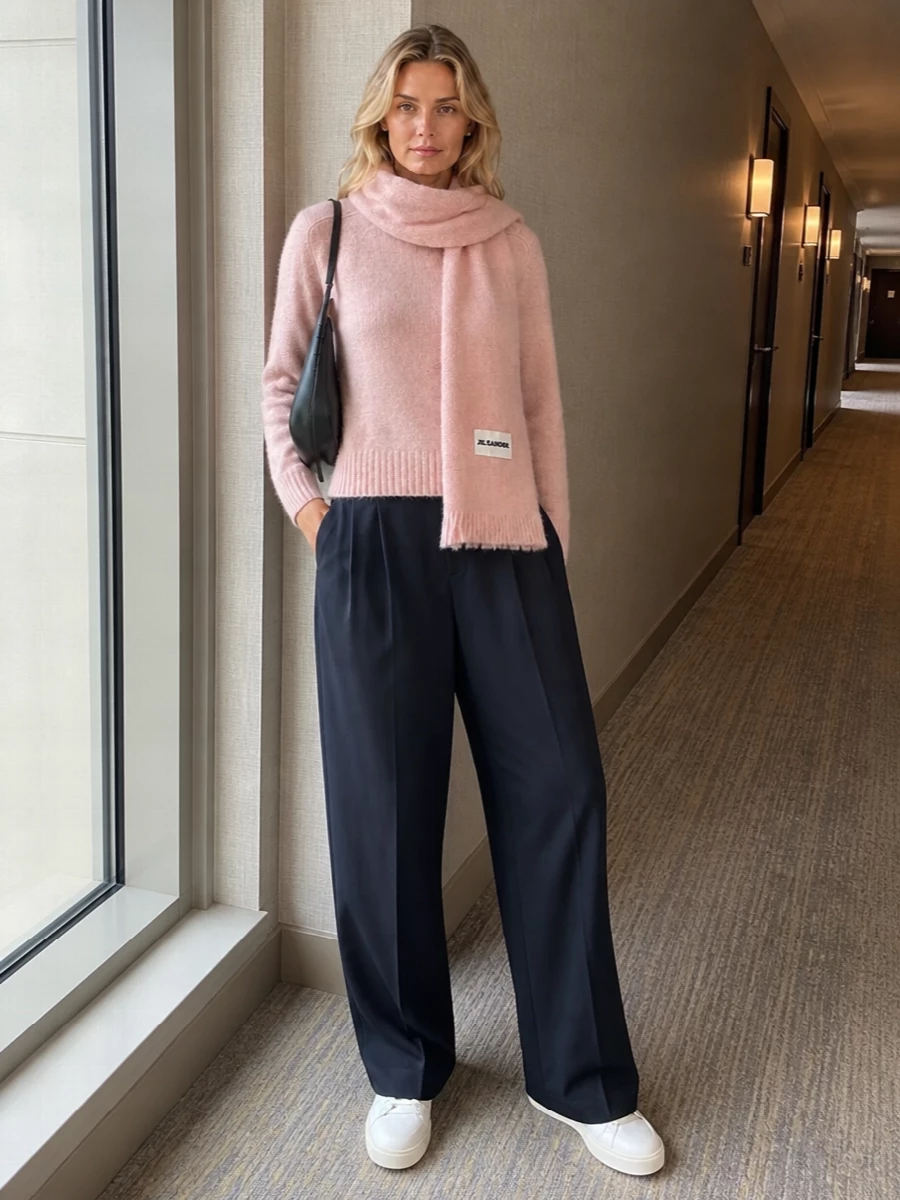 Soeur blush sweater navy trousers sneakers