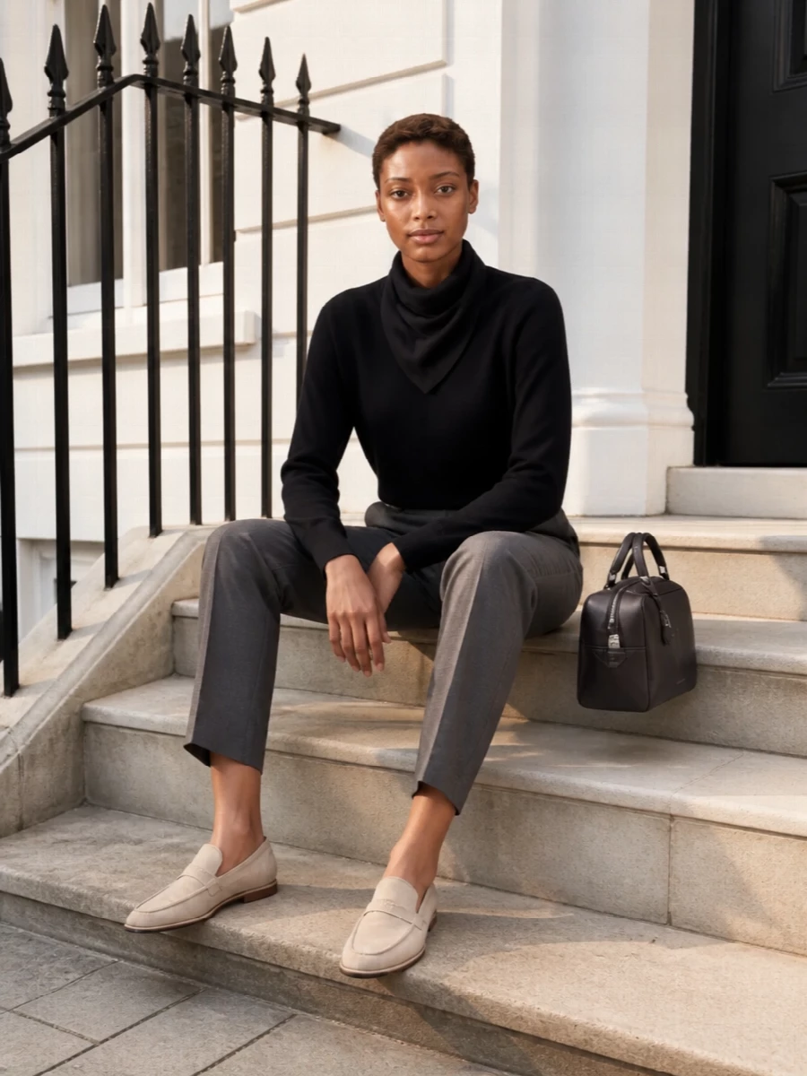Brunello cucinelli black sweater charcoal trousers