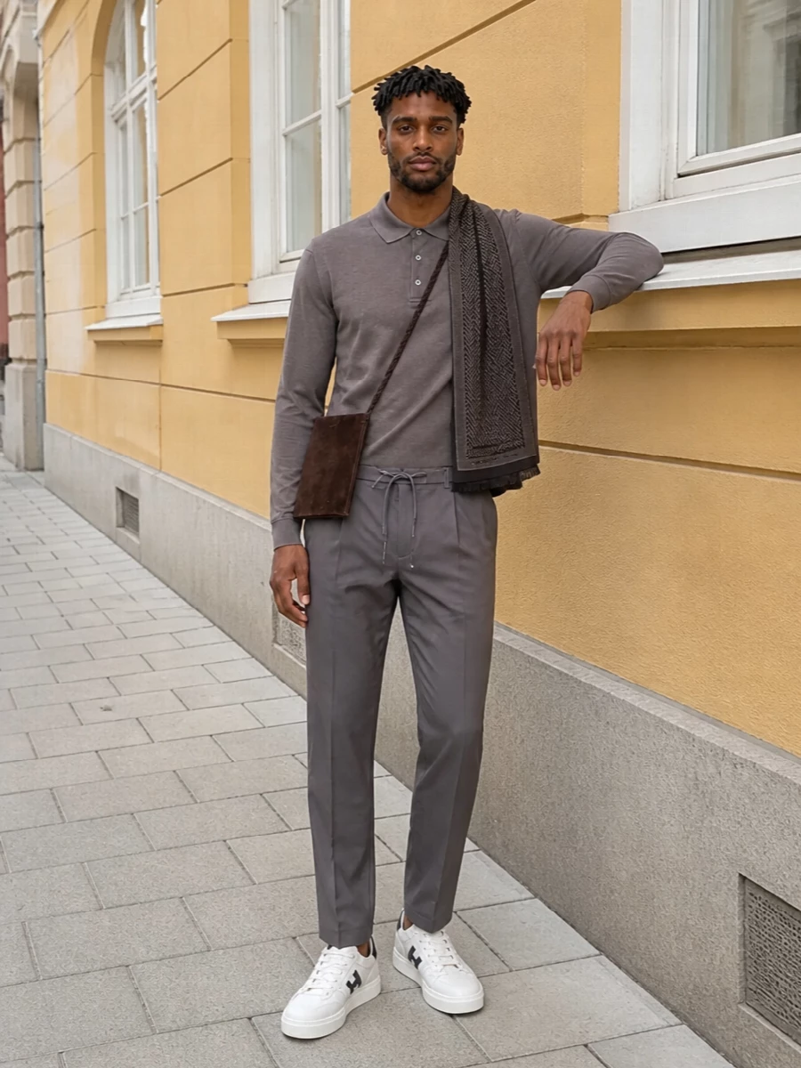 Herno taupe polo drawstring trousers hogan sneakers