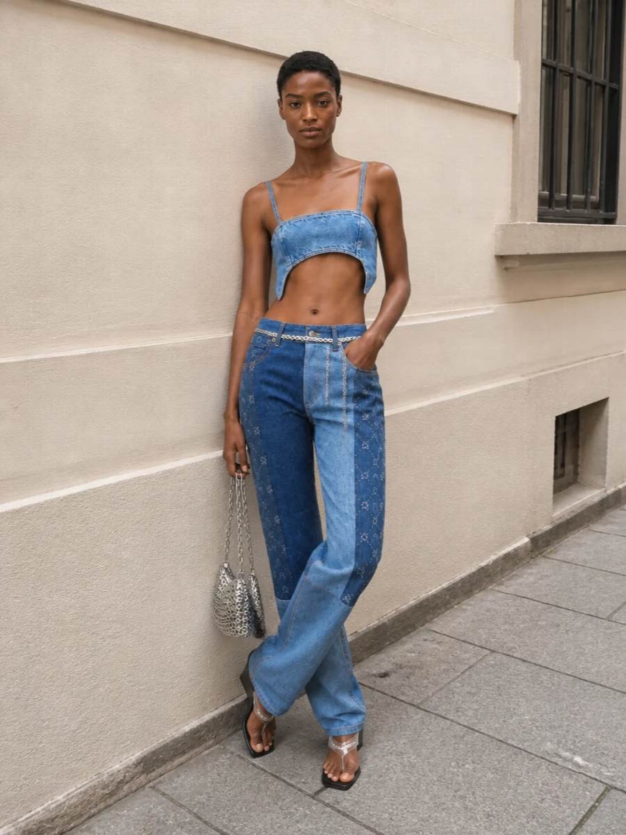 Marine serre denim bralette patchwork jeans outfit