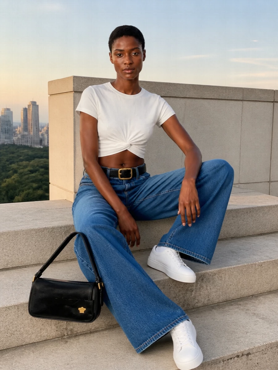 Versace wide leg jeans cropped tee sneakers