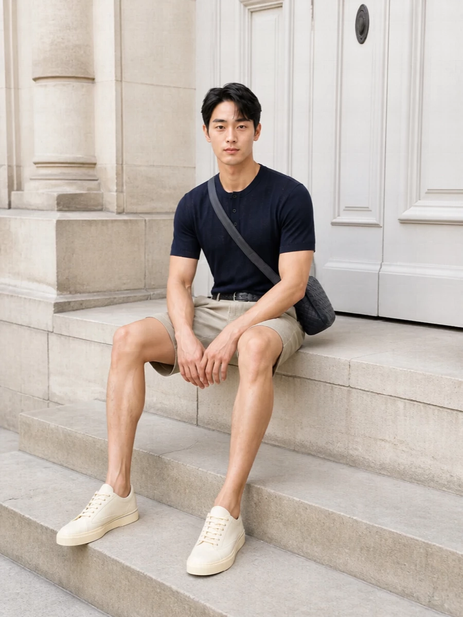 This look pairs the featherweight navy Brunello knit with softly structured stone drawstring shorts for a poised yet effortless summer silhouette. Off-white sneakers keep the mood clean and relaxed, while the navy Bottega crossbody and discreet belt introduce just enough texture and craft to underline the quiet-luxury attitude.