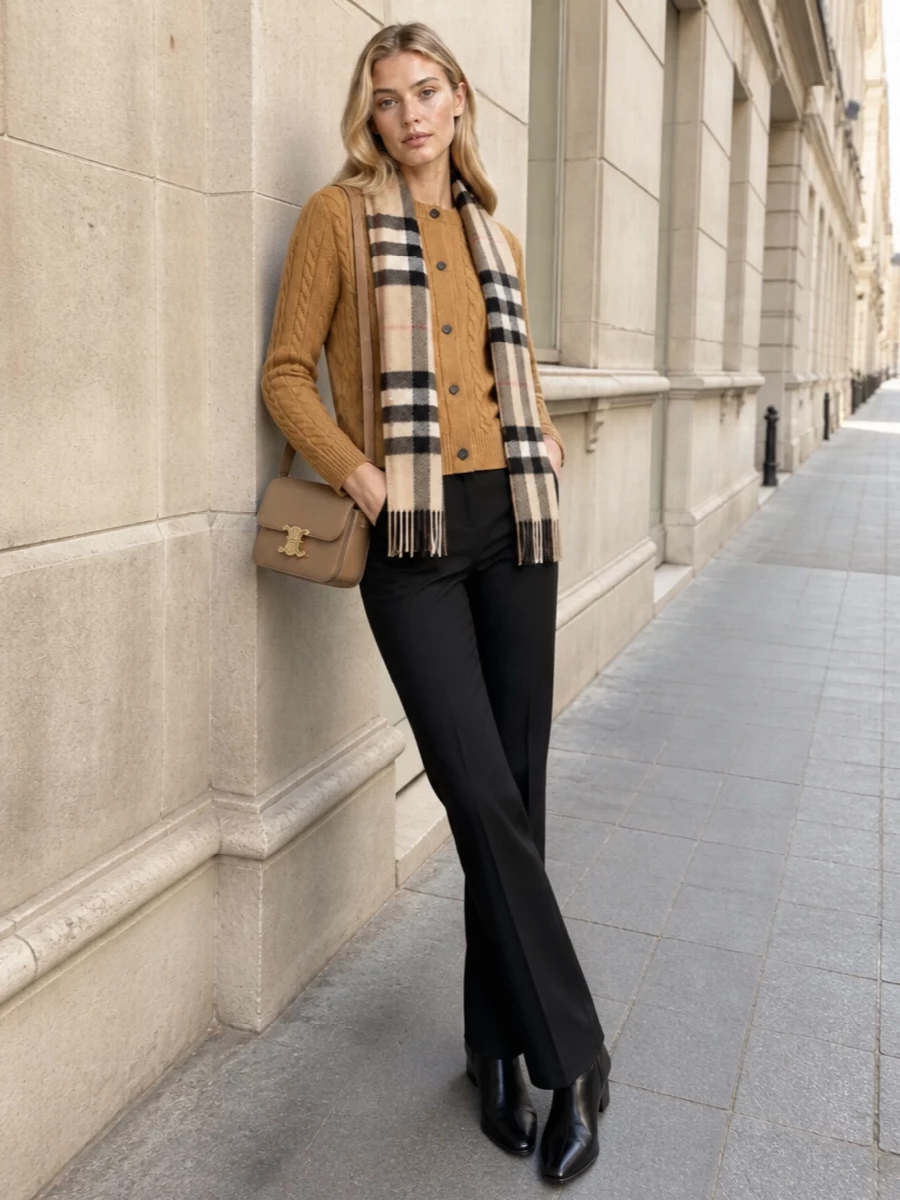 The row camel cardigan black trousers outfit