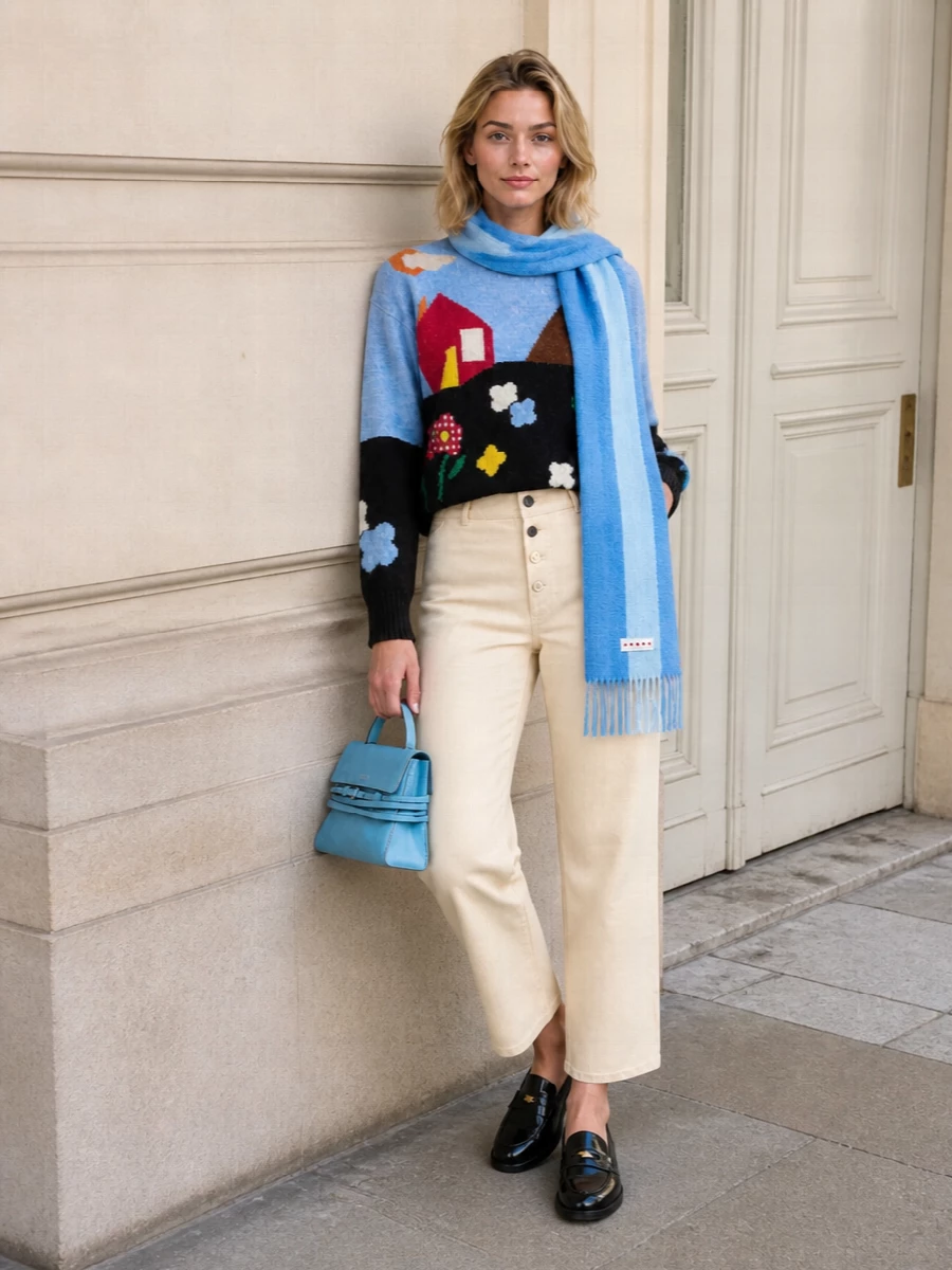 Moschino jumper beige trousers blue mini bag