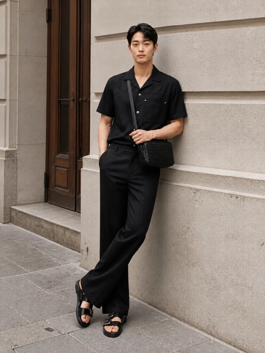Black camp shirt wide leg trousers outfit