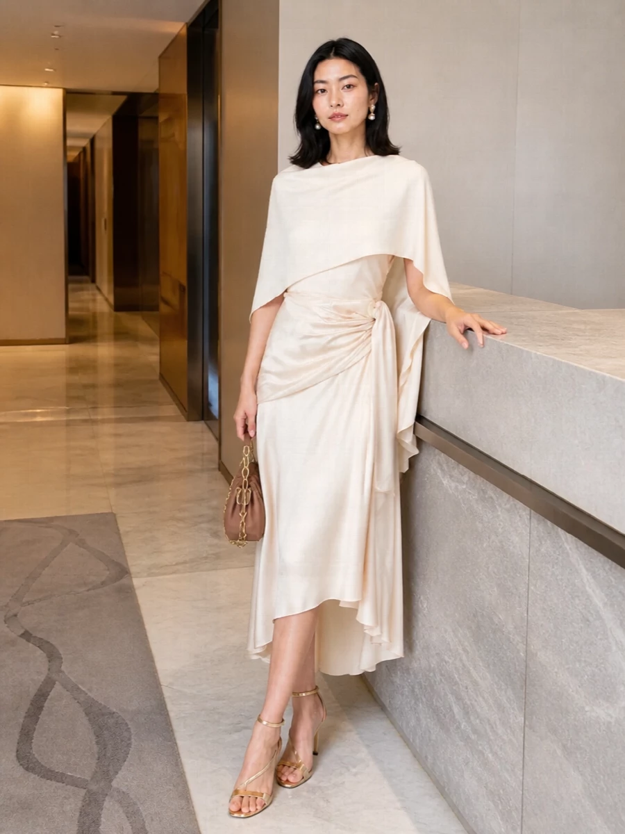 Zimmermann champagne midi dress gold heels outfit