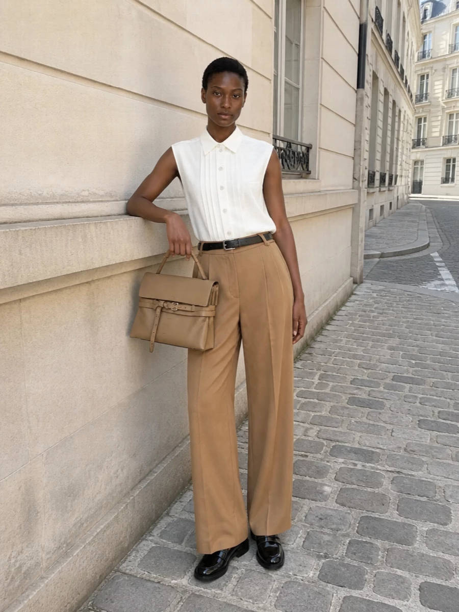Moschino camel trousers ivory shirt loafers