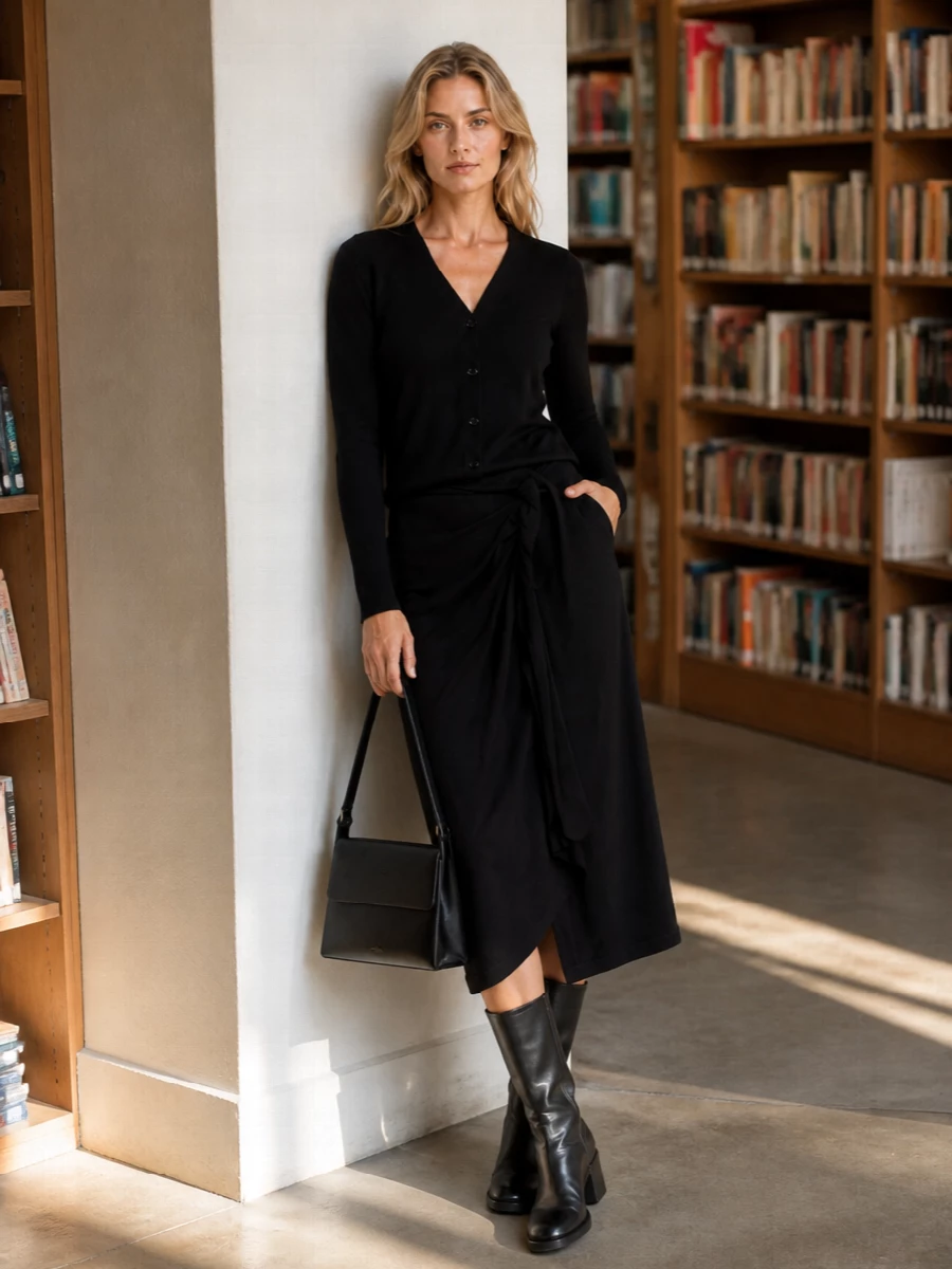 An all-black column of fine knit and wrap jersey keeps the mood quiet and considered, with subtle drape rather than overt drama. Mid-calf leather boots and a structured shoulder bag sharpen the silhouette, taking the cardigan from casual layer to confident city uniform. The result feels minimal yet intentional, ideal for days that run from desk to dinner without a change.