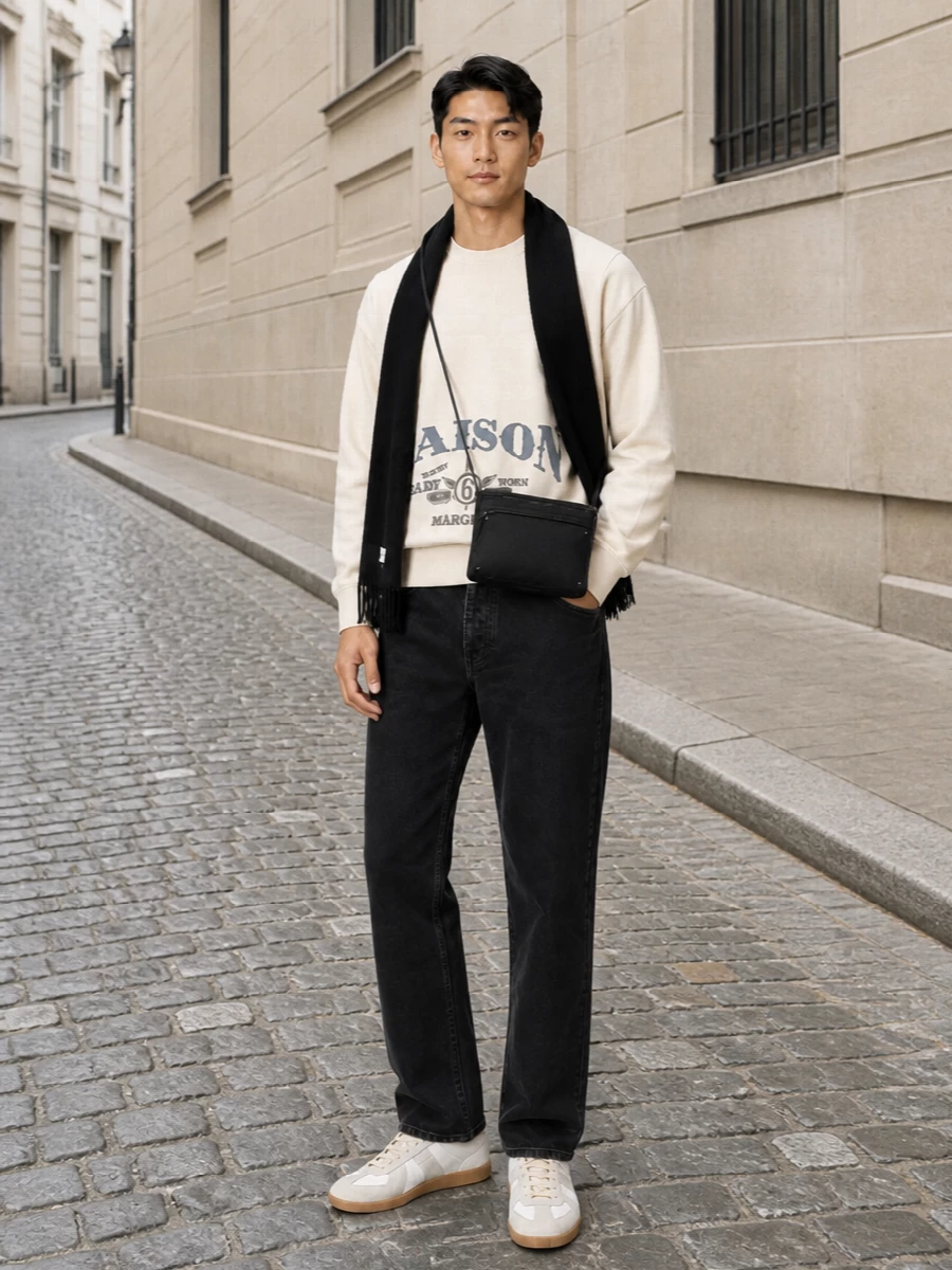 Maison margiela cream sweatshirt black jeans outfit
