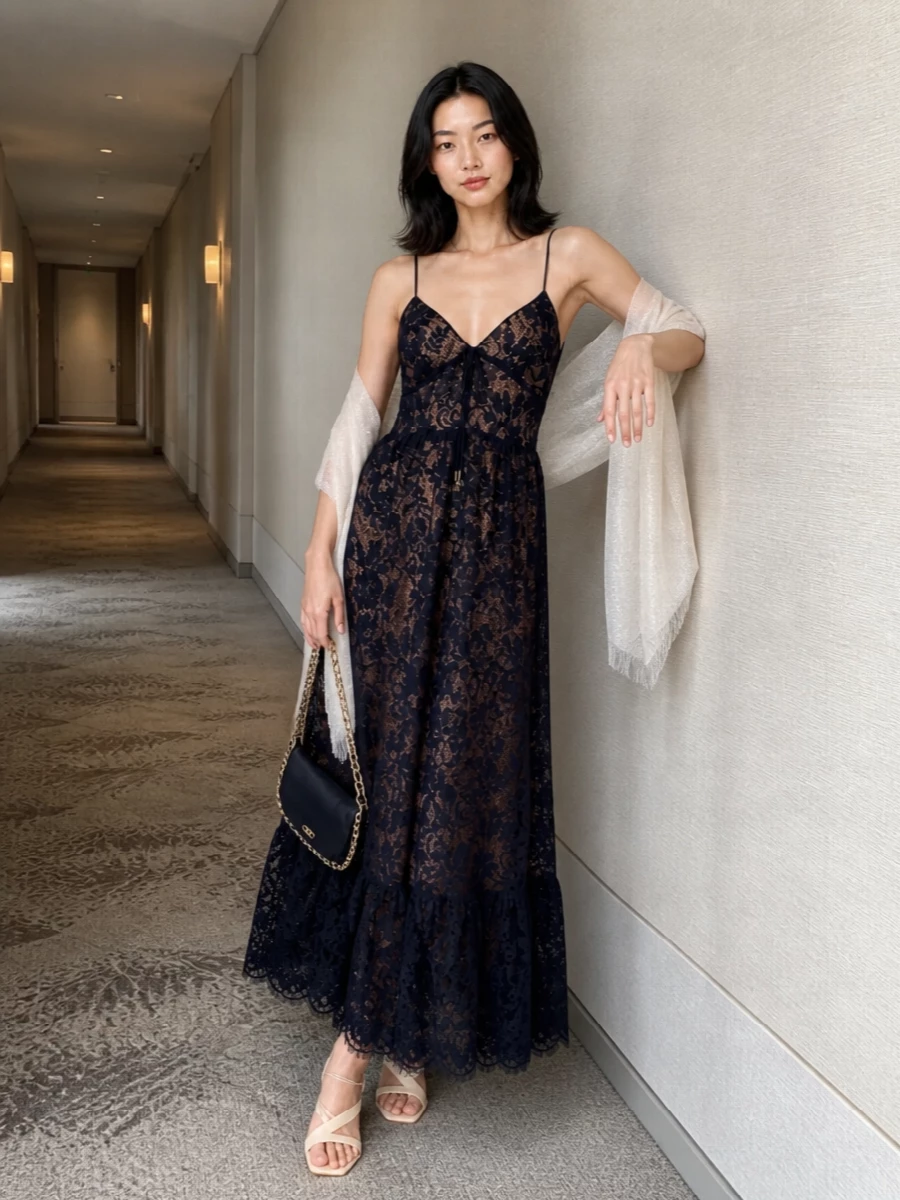 Michael kors navy lace maxi dress outfit