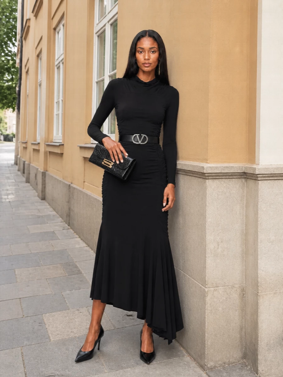 Victoria beckham black evening dress heels clutch