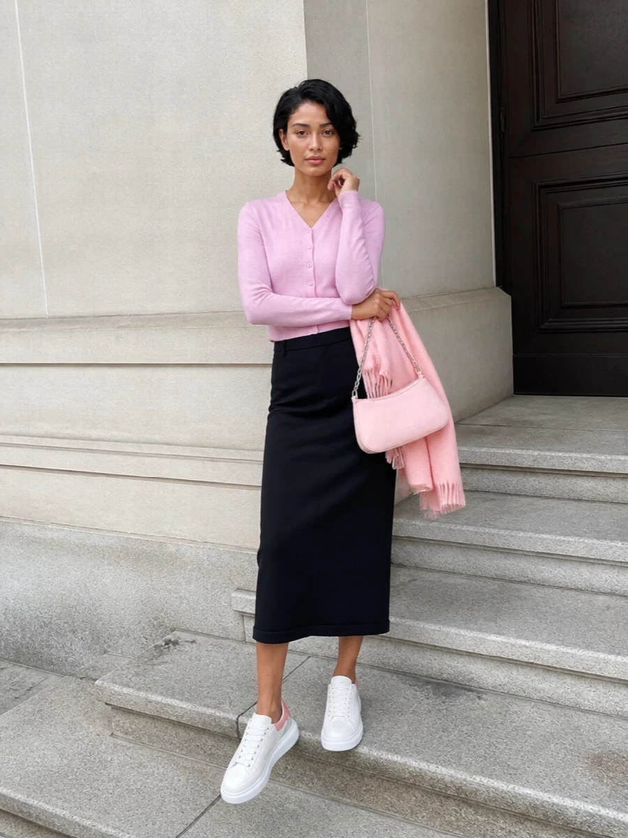 Alexander wang pink cardigan black midi skirt