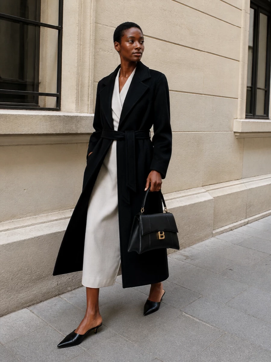 Max mara wrap coat halter midi dress outfit