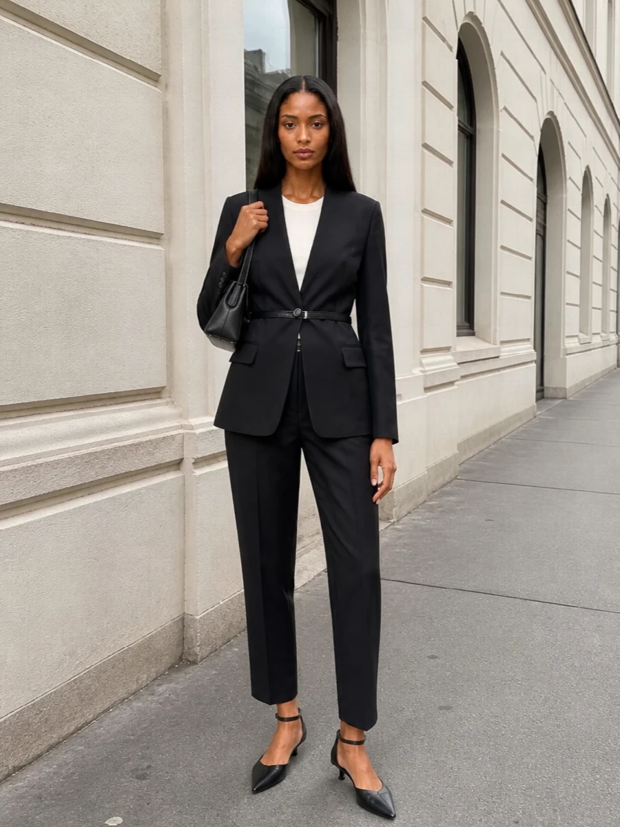 Toteme black blazer trouser outfit heels