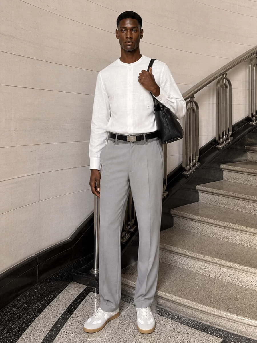 A collarless white Mm6 shirt meets light grey tailored trousers for a clean, modern uniform that feels precise yet easy. Off-white Margiela sneakers keep the mood relaxed, while a structured black mini tote and slim belt add quiet definition and contrast. The result is a softly subversive city ensemble that moves confidently between desk and dinner without ever feeling overworked.