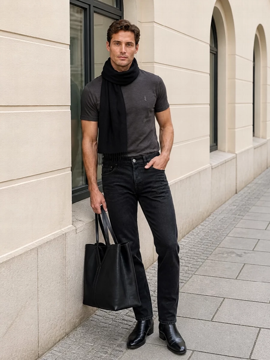 Charcoal and black stay in tight conversation here, keeping the focus on line and texture rather than noise. Slim washed-black denim and sharp ankle boots give the Saint Laurent tee a long, lean frame, while the structured leather tote and black scarf add discreet city polish. It is an easy uniform for cooler days when you want to feel put together without looking styled.