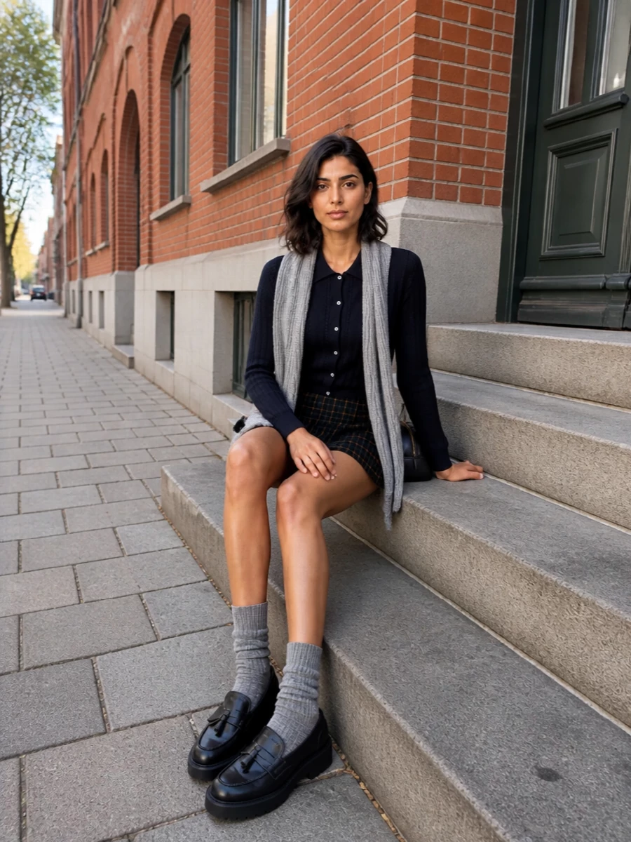 A tight, collegiate palette of navy, deep green and charcoal keeps the tartan mini feeling intentional, not costume, with the slim ribbed cardigan echoing its preppy sharpness. Chunky navy loafers lend weight to the micro hemline, while a structured black mini top-handle and soft grey ribbed scarf finish the outfit with quiet, city-ready polish. Think campus energy, styled for real streets and colder days.