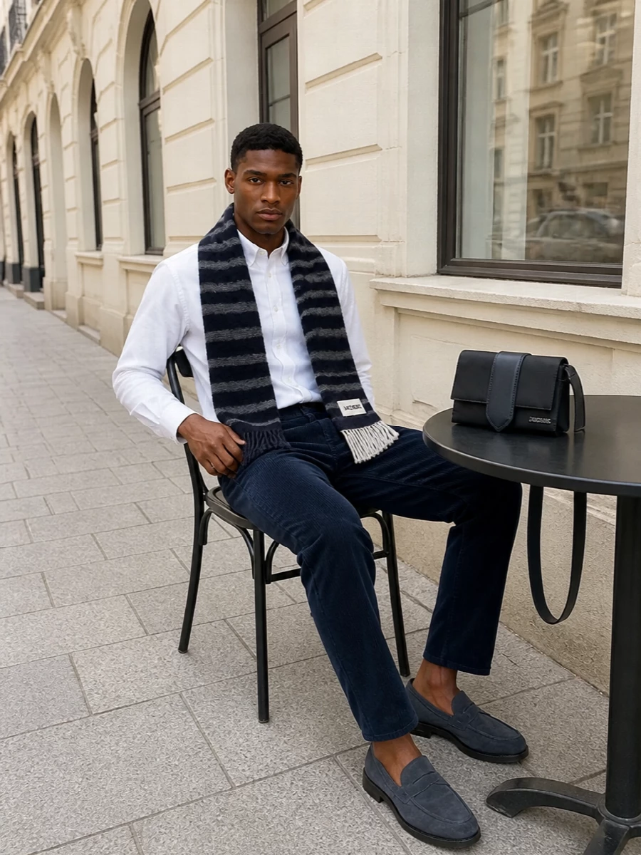 A crisp white button-down meets deep navy corduroy for a quietly dressed-up take on smart casual. The straight leg and penny loafers keep the line clean, while tonal blues and soft texture give it warmth for cooler days. A compact navy crossbody and subtle striped scarf finish the outfit with a precise, modern touch.