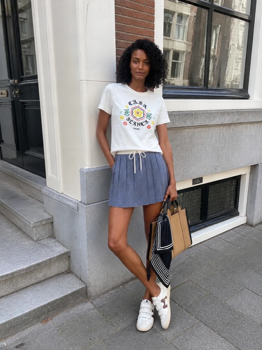 Casablanca tennis tee pleated mini skirt outfit