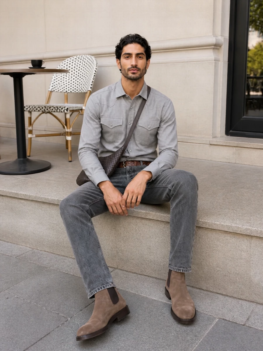 Brunello cucinelli grey western shirt charcoal denim