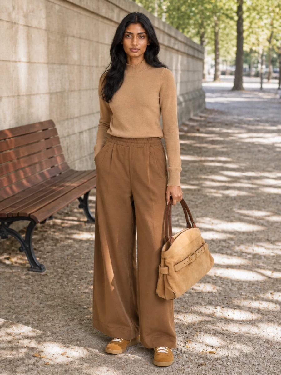 This is a clean, warm-neutral pairing built around a slim camel mock-neck and fluid Dries Van Noten wide-leg trousers, so the sneakers read intentional rather than sporty. The high waist and long line of the trouser keep the wide leg elegant with flats, while the soft suede tote adds depth and a subtle textural dialogue with the shoes. Choosing the knit-and-trouser path over a dress keeps the mood relaxed, minimalist and true to the sneakers’ off-duty Parisian attitude.