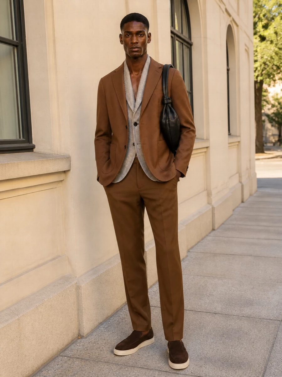 Tagliatore taupe blazer camel trousers outfit