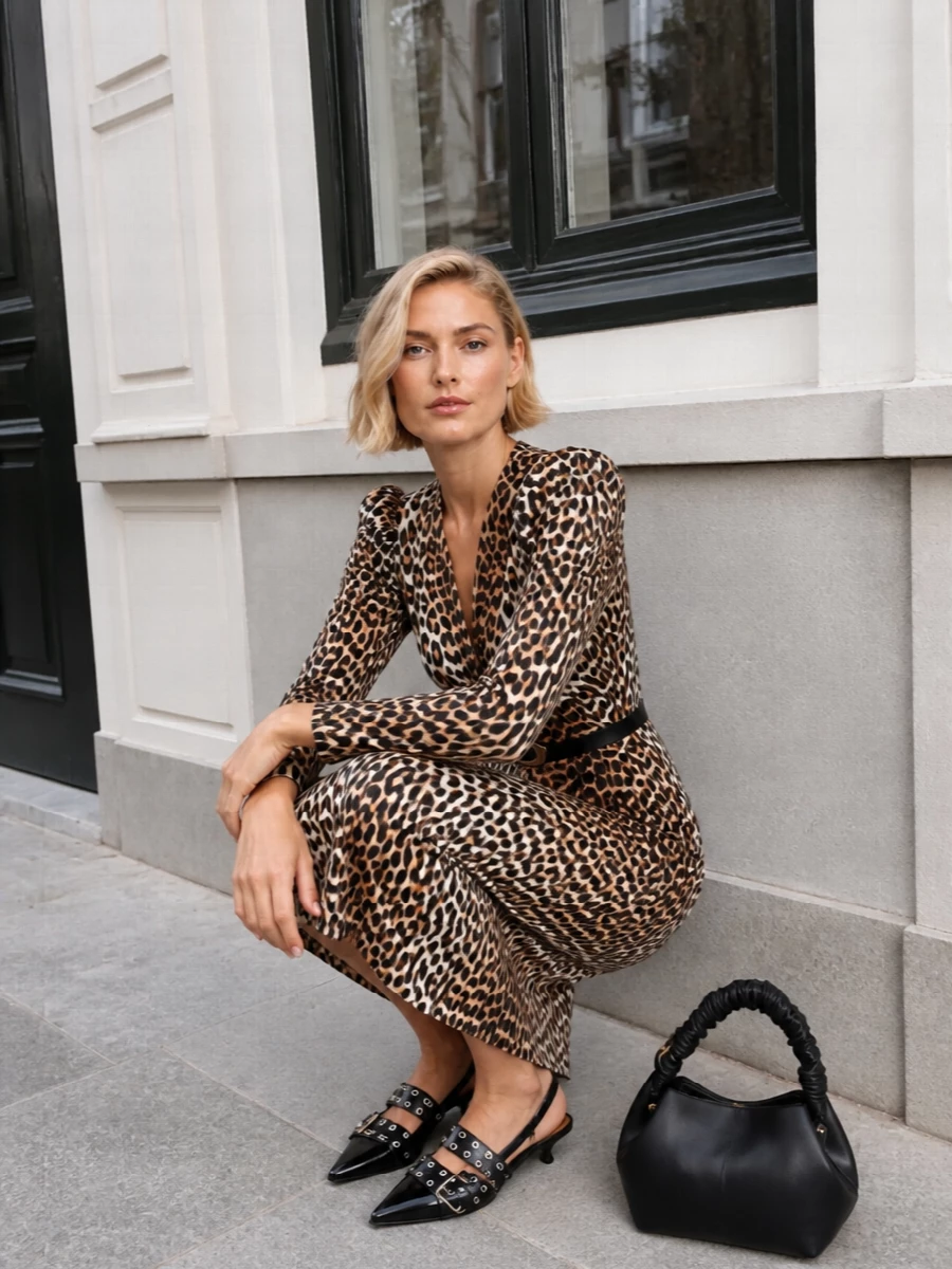 A slinky leopard midi takes the lead, framed with sharp black accessories for a confident, after-dark mood. Pointed kitten-heel slingbacks and a sculpted shoulder bag keep everything lean and graphic, while a slim wrap belt quietly carves out the waist. The result is bold but controlled, pure Ganni attitude with a polished finish.