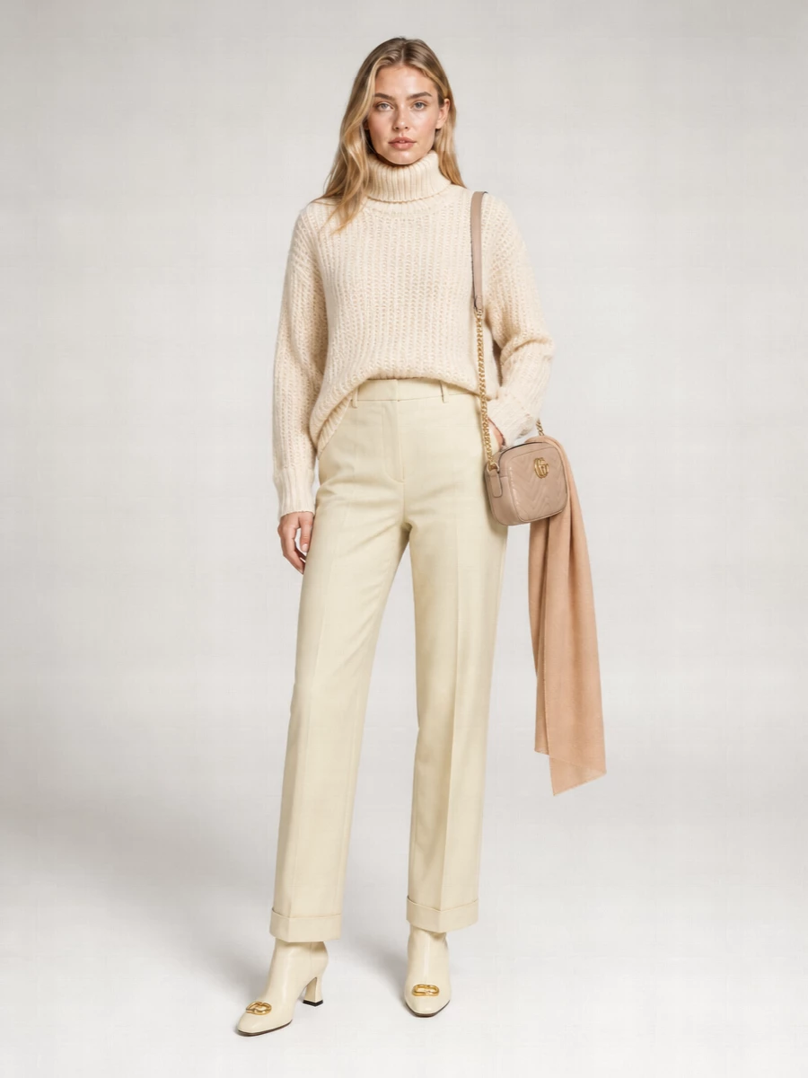 Soft cream and buttercream tones keep this pairing calm and understated, letting the chunky turtleneck and tailored trouser play off each other in texture rather than color. Cream leather boots and a blush camera bag stay within the same hushed palette, giving a polished, easy winter ensemble that feels relaxed but considered from every angle.