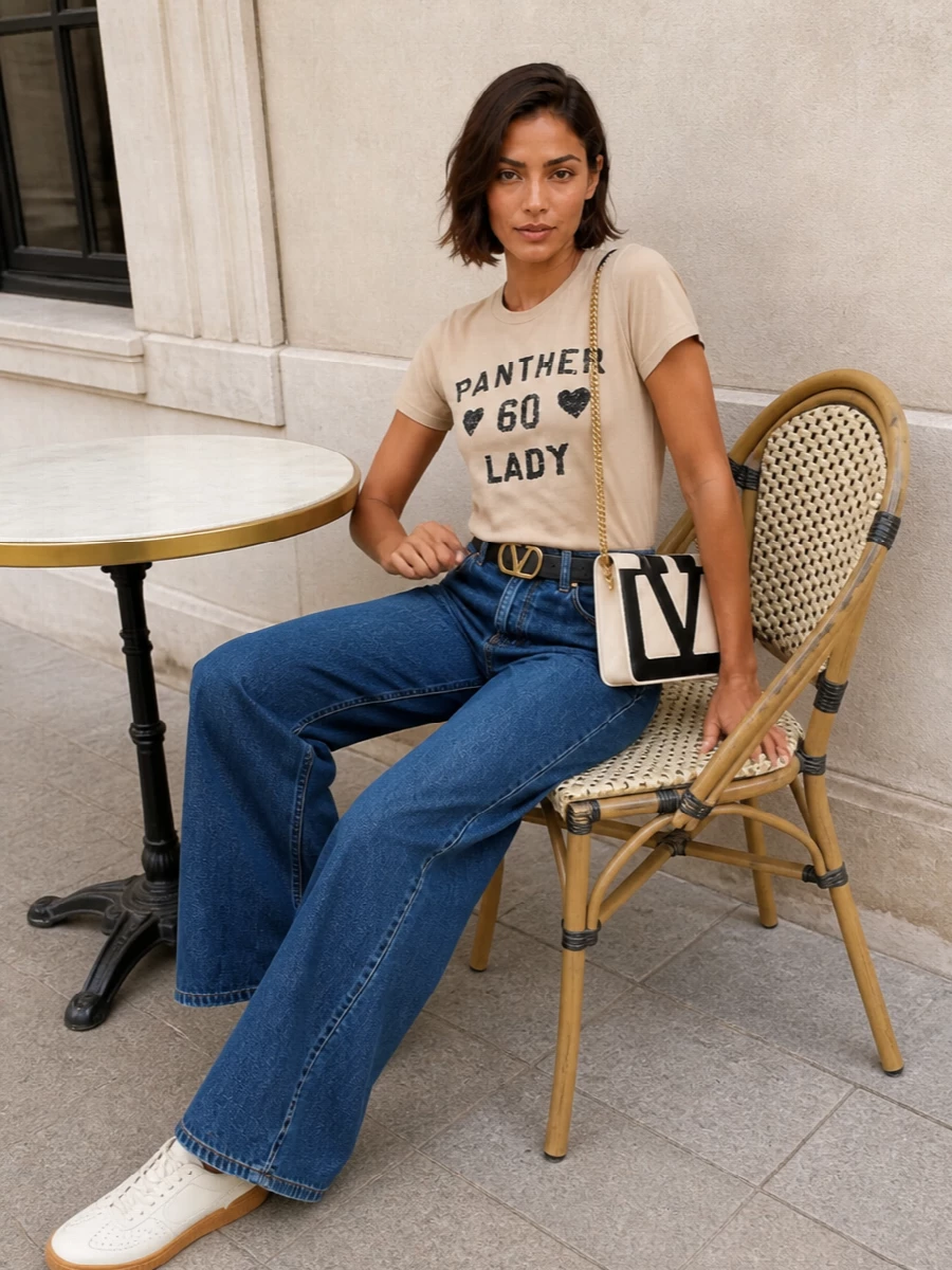 Valentino varsity tshirt wide leg jeans outfit