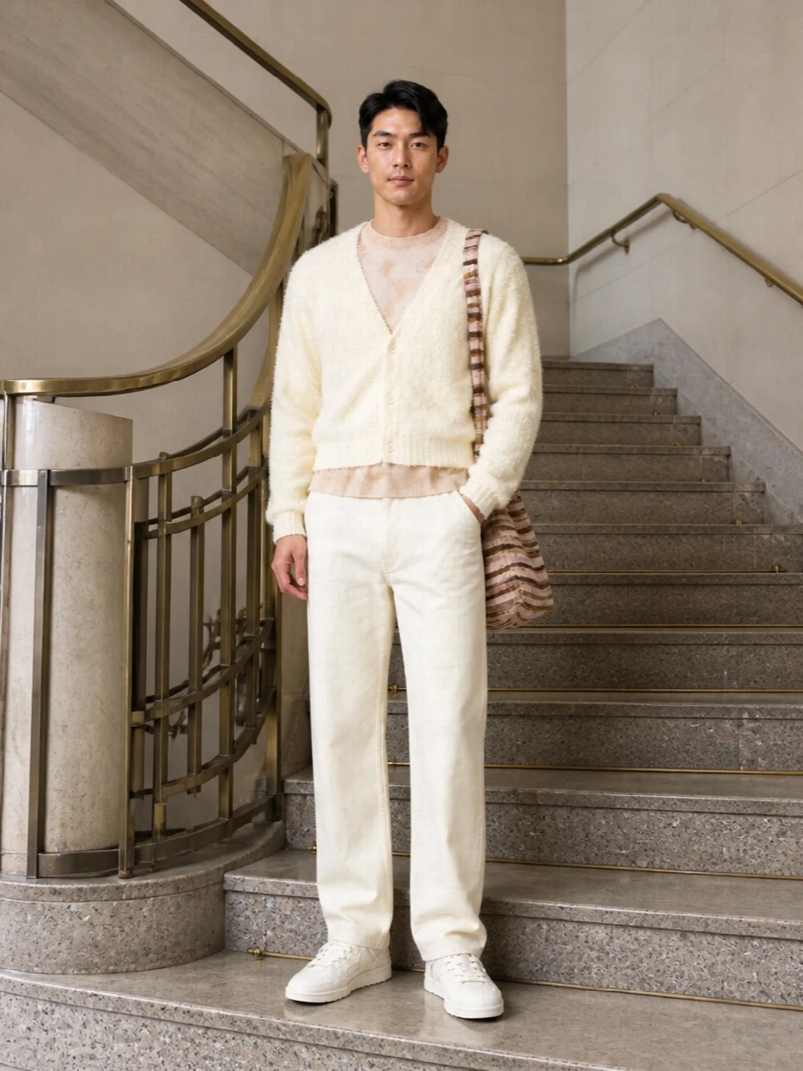 Stussy cream cardigan chinos sneakers outfit