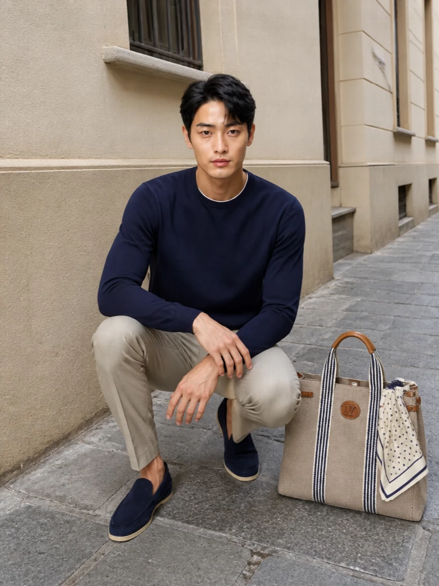 Eleventy navy sweater stone chinos tods loafers