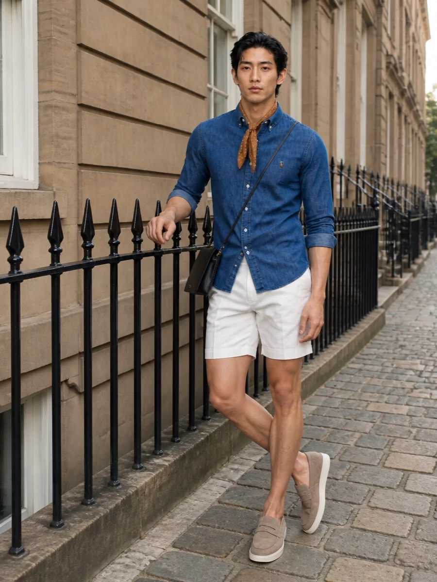 Ralph lauren denim shirt white shorts loafers