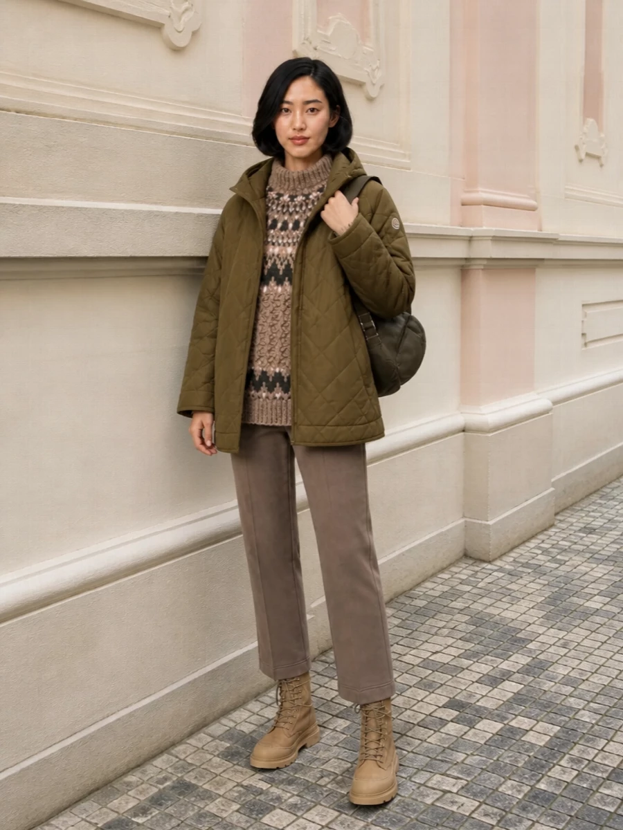 Moncler olive parka taupe trousers winter outfit