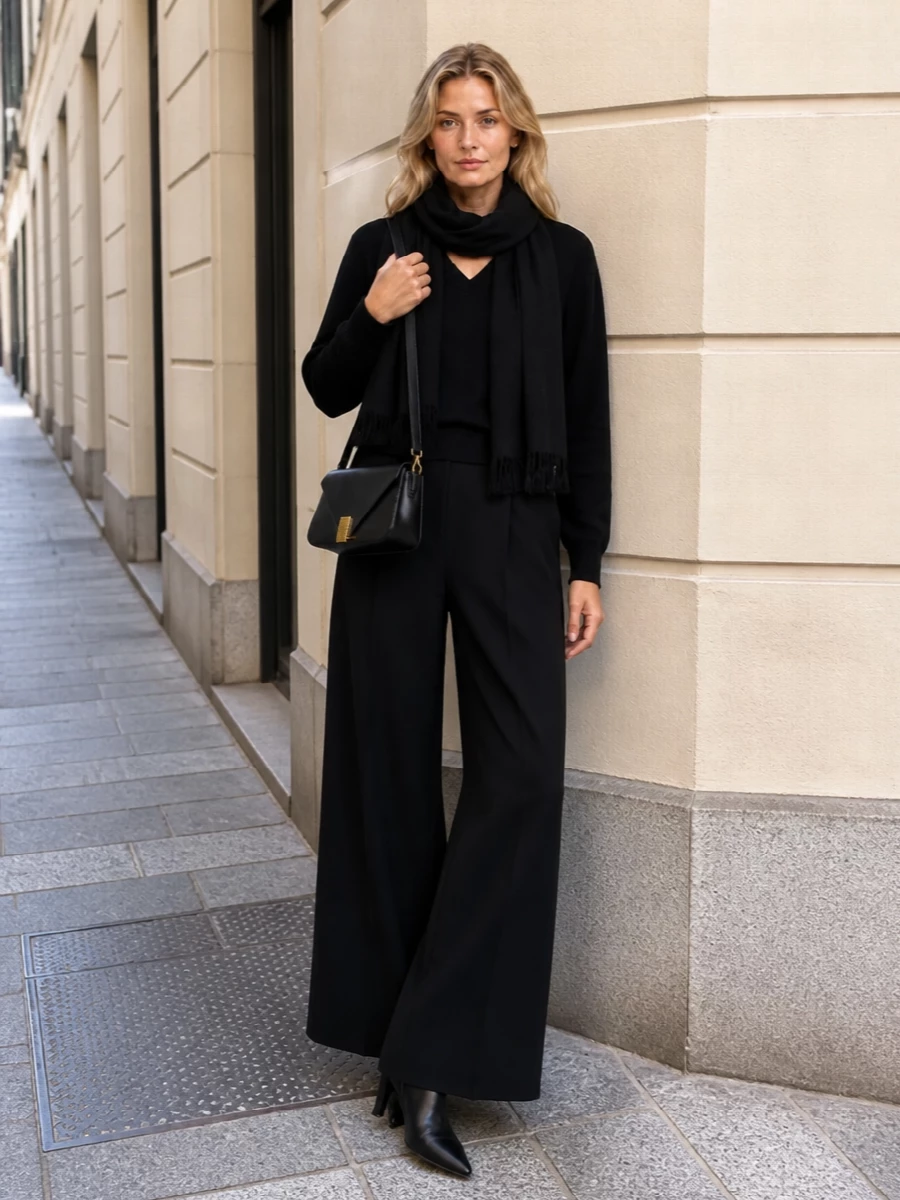 Lanvin black knit wide leg trousers outfit