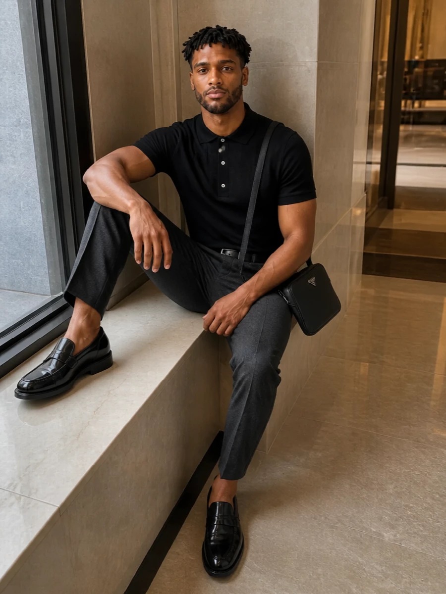 A black knit polo sits against charcoal Prada tailoring for a clean, modern take on smart city dressing. The polished black loafers and matching leather belt keep the line disciplined, while the compact crossbody reads as quietly functional rather than decorative. It is an office-to-dinner combination that feels precise without ever tipping into stiffness.