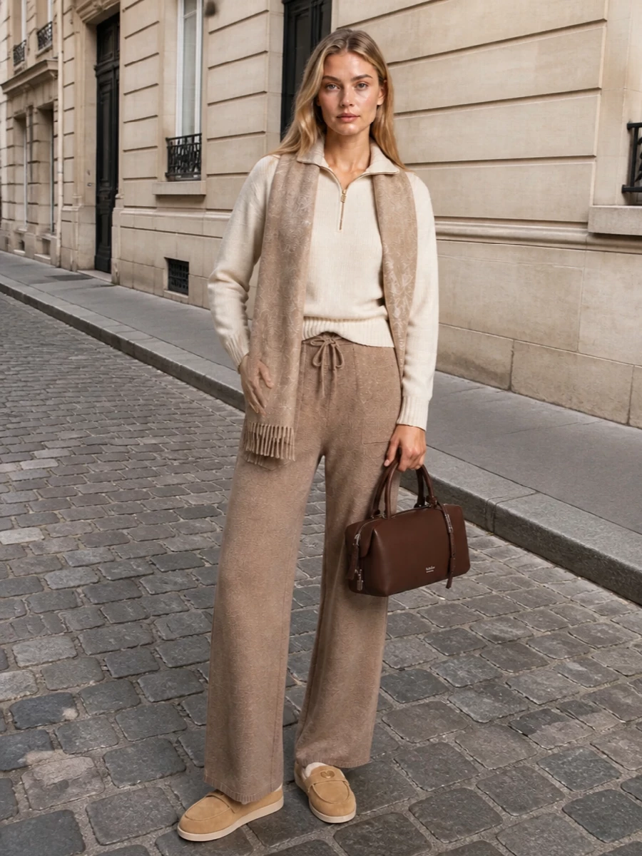 Max mara camel knit pants ivory half zip outfit
