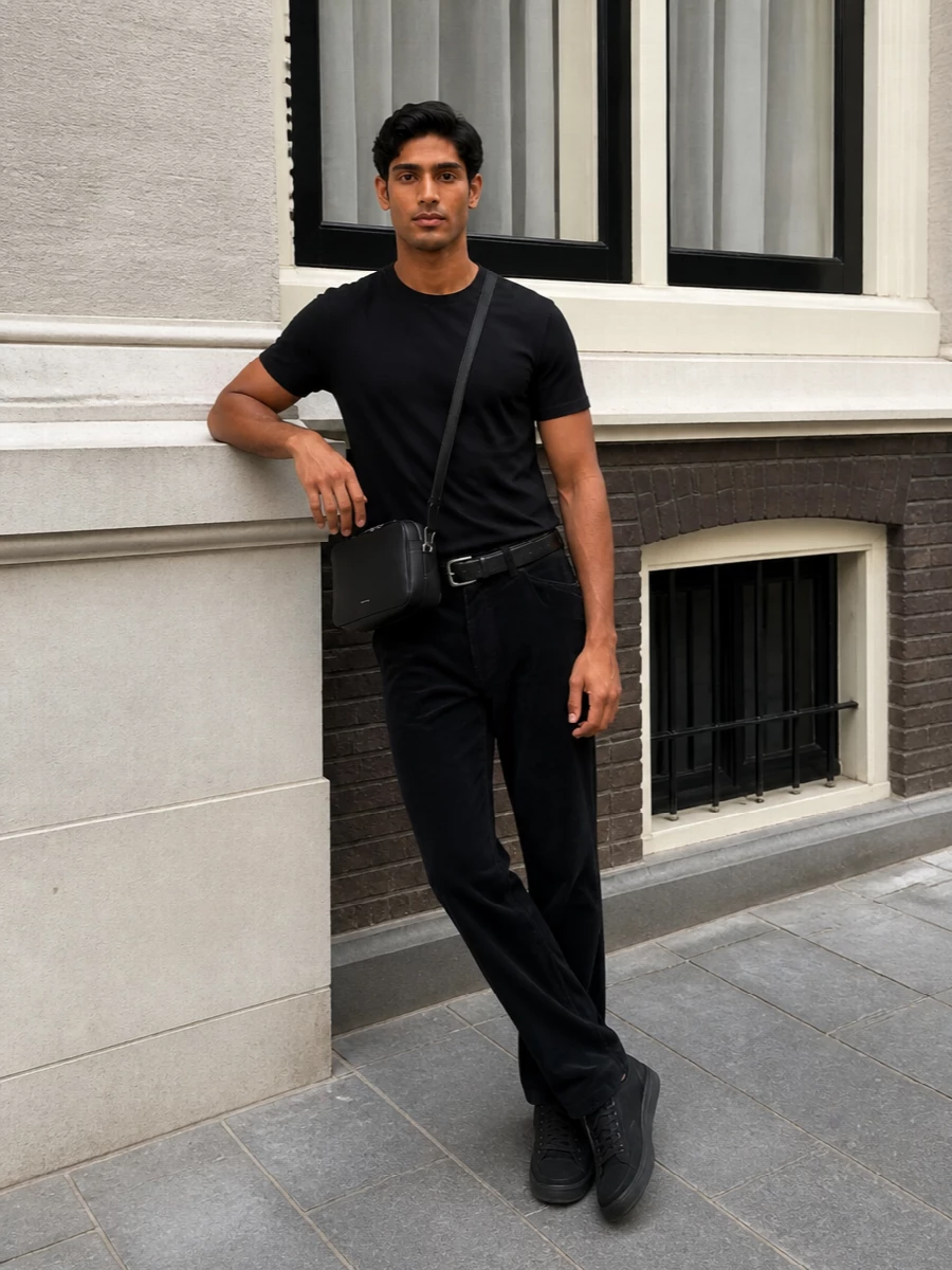 Tom ford black corduroy trousers minimal outfit