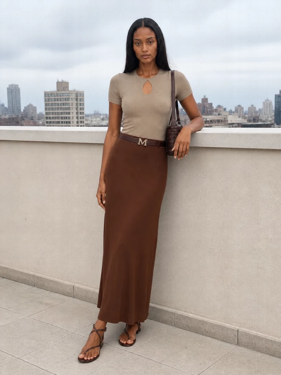Max mara brown maxi skirt neutral knit outfit