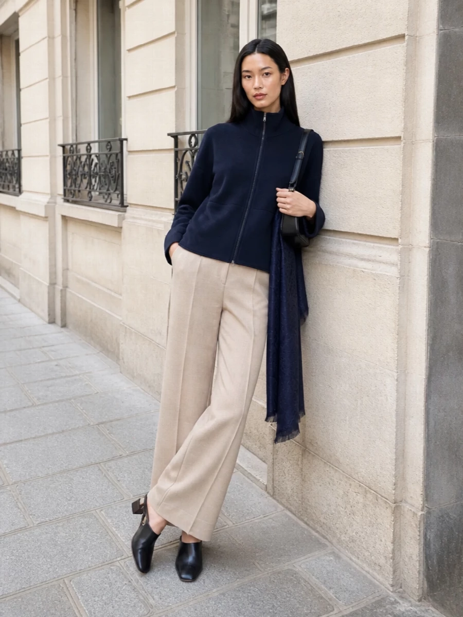 Navy mock neck wide leg trousers outfit