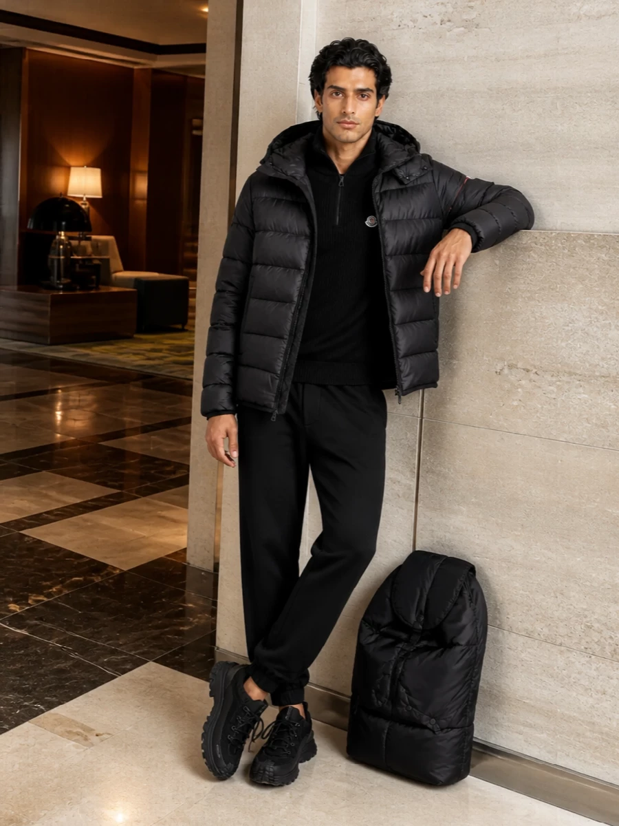Moncler puffer joggers trail sneakers outfit
