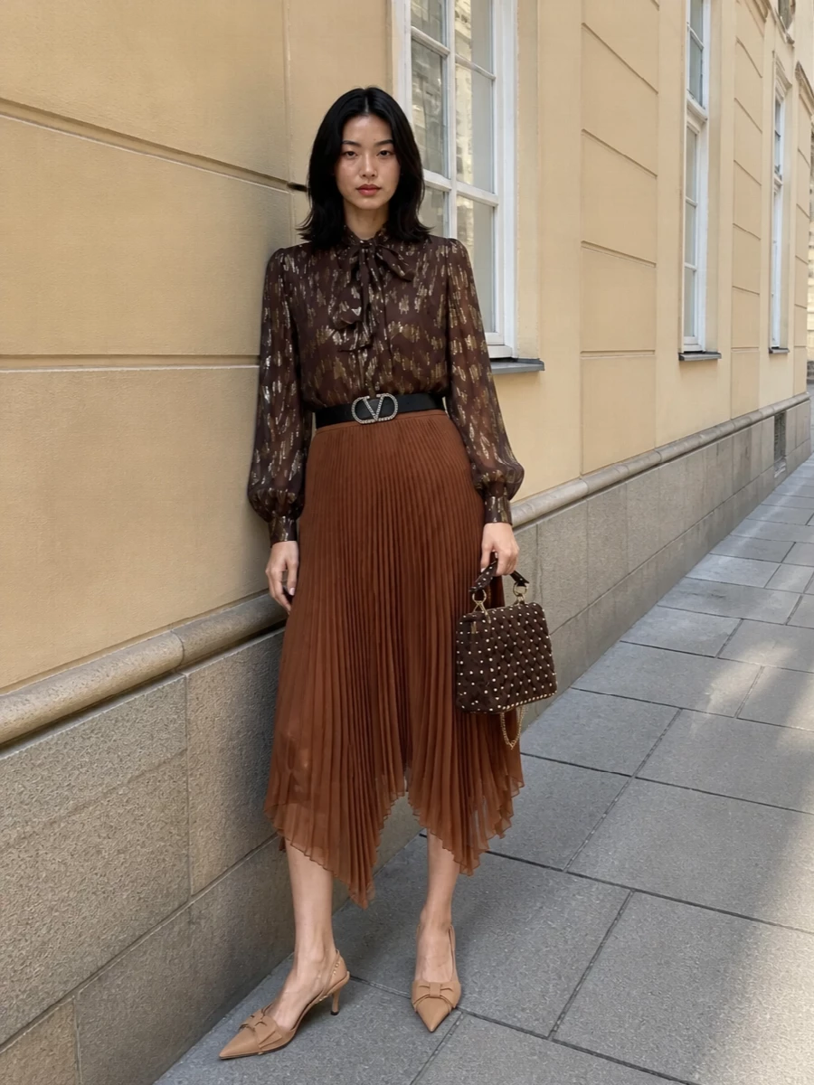 A sheer chocolate and pale gold blouse meets a caramel asymmetric pleated skirt for a long, fluid line that feels quietly opulent. Nude slingbacks keep the leg uninterrupted, while a quilted chocolate clutch deepens the palette. A crystal-detailed belt offers just enough structure and sparkle to refine the waist without hardening the romance.