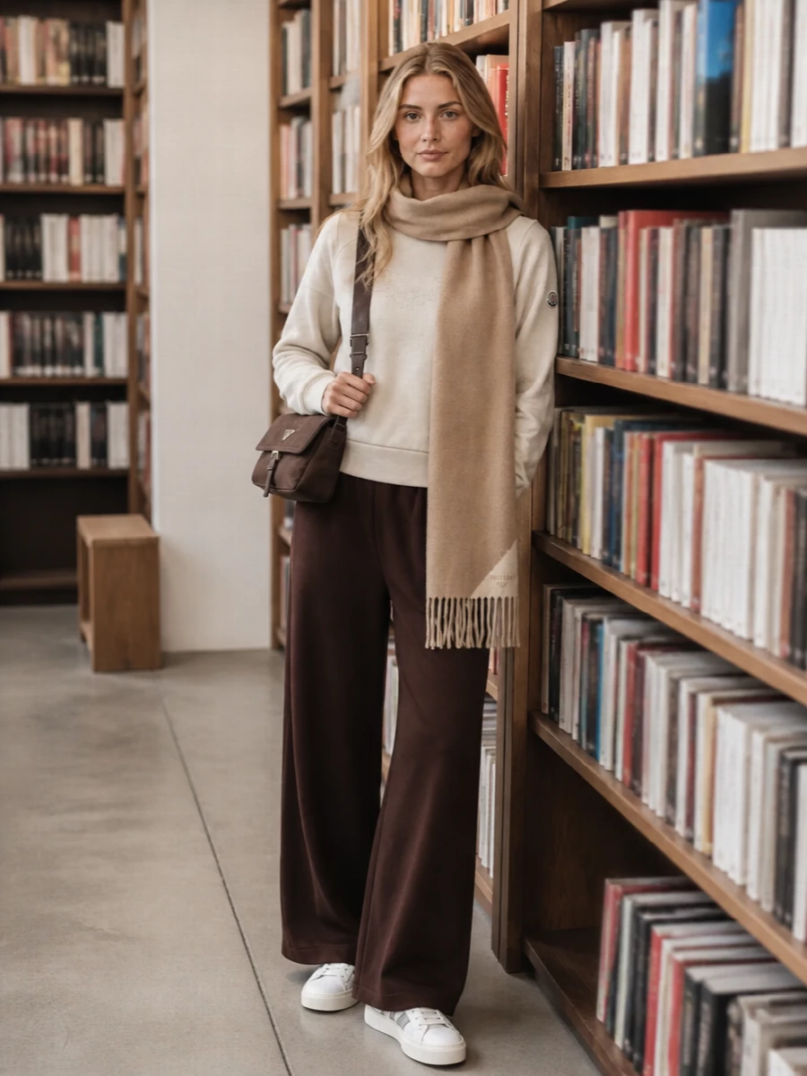 Moncler brown wide leg pants cream sweatshirt outfit