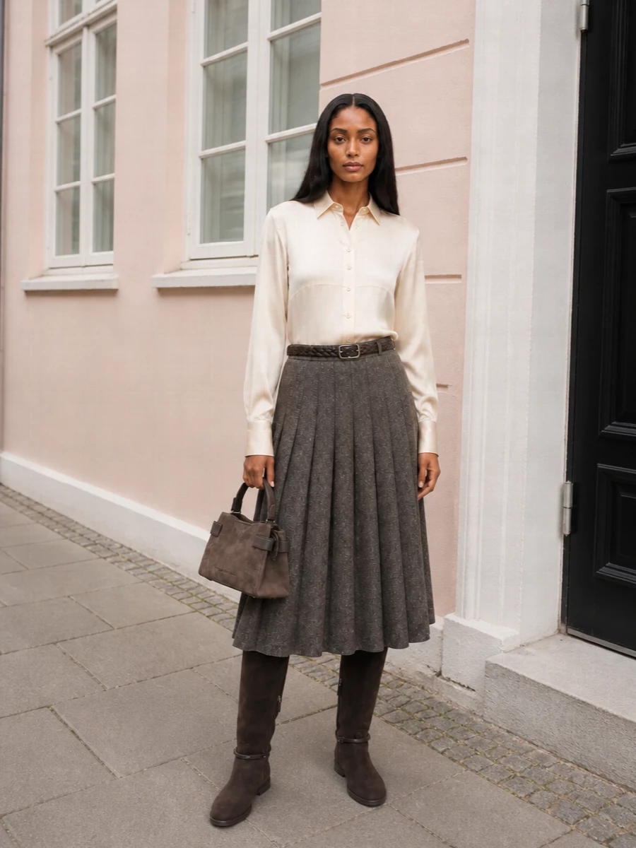 Brunello cucinelli pleated midi skirt silk shirt