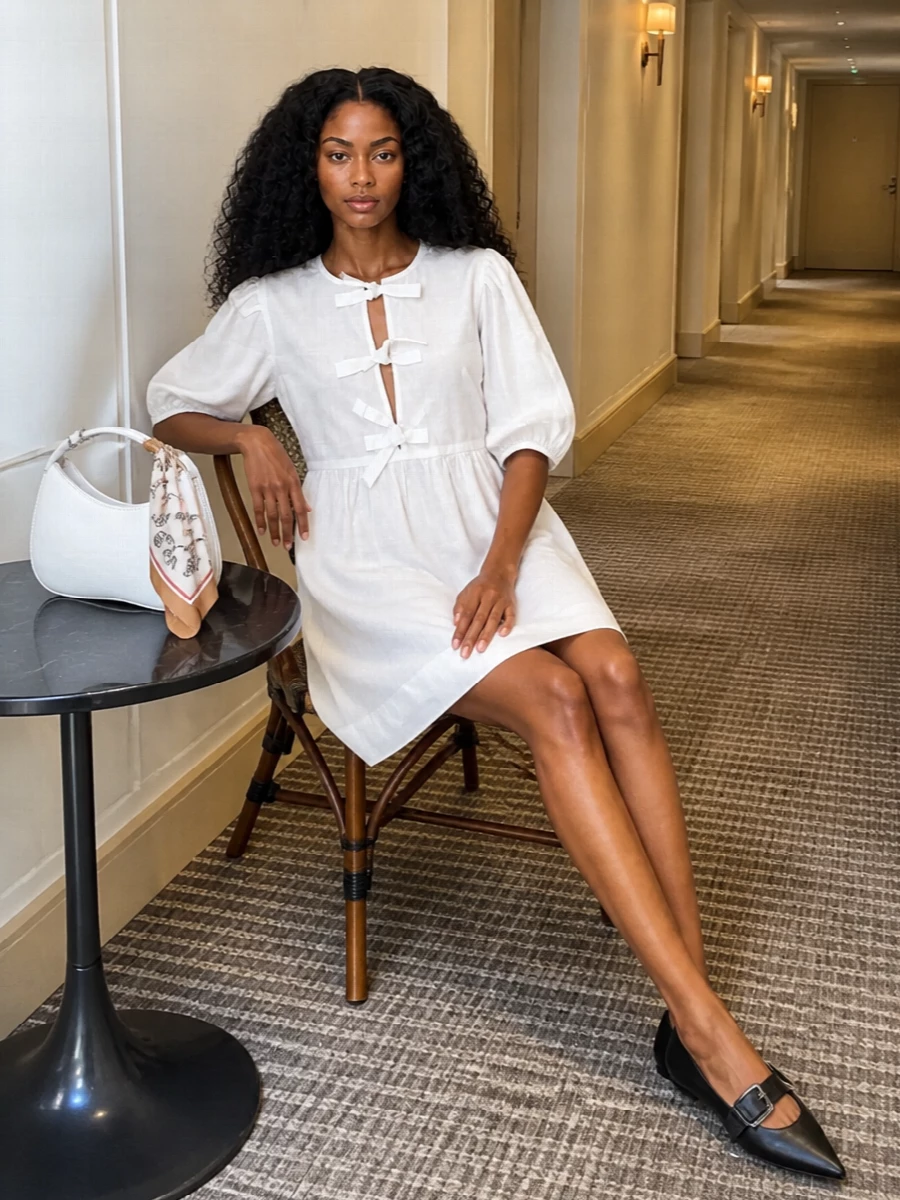 Ganni babydoll dress black flats jacquemus bag